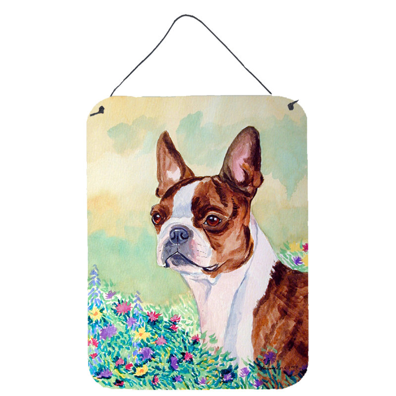 «Red and White Boston Terrier» par Lyn Cook, reproduction d'art sur bois