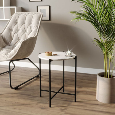 Set of 2 Pcs Marble Effect Tops Square Side End Coffee Table Metal Frame