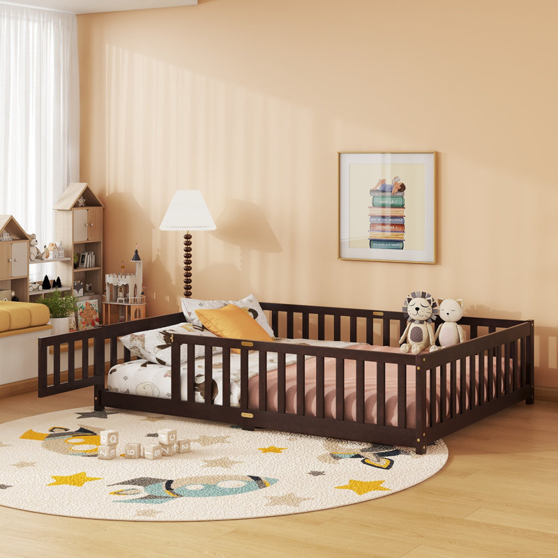 Kolia Full Rubberwood Platforms Bed With Fence and Door, Brown
