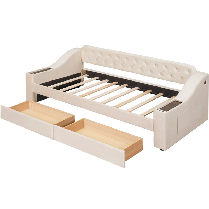 Lit de jour simple avec rangement pour accoudoirs et texture beige, rembourré