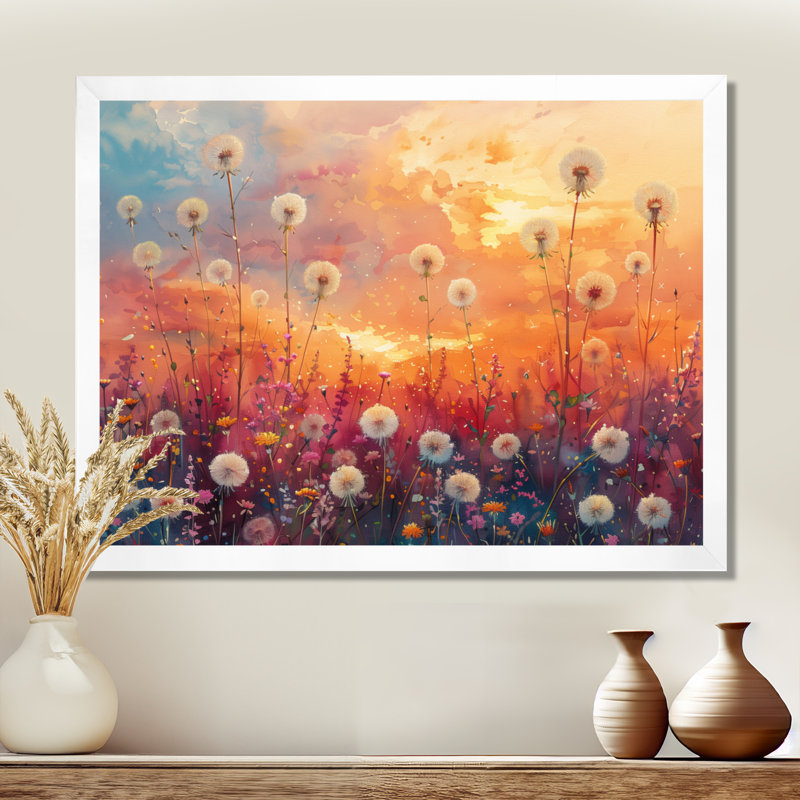 Décoration murale pissenlit rose et orange, Cadre simple blanc, H 24 po x l 32 po x P 1 po