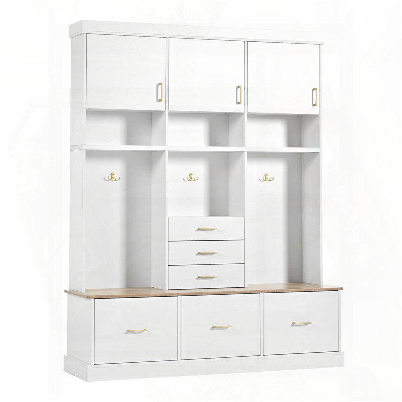5-in-1 Hall Tree with 6 Drawers, 3 Cabinets, and 3-Tier Top Storage, White