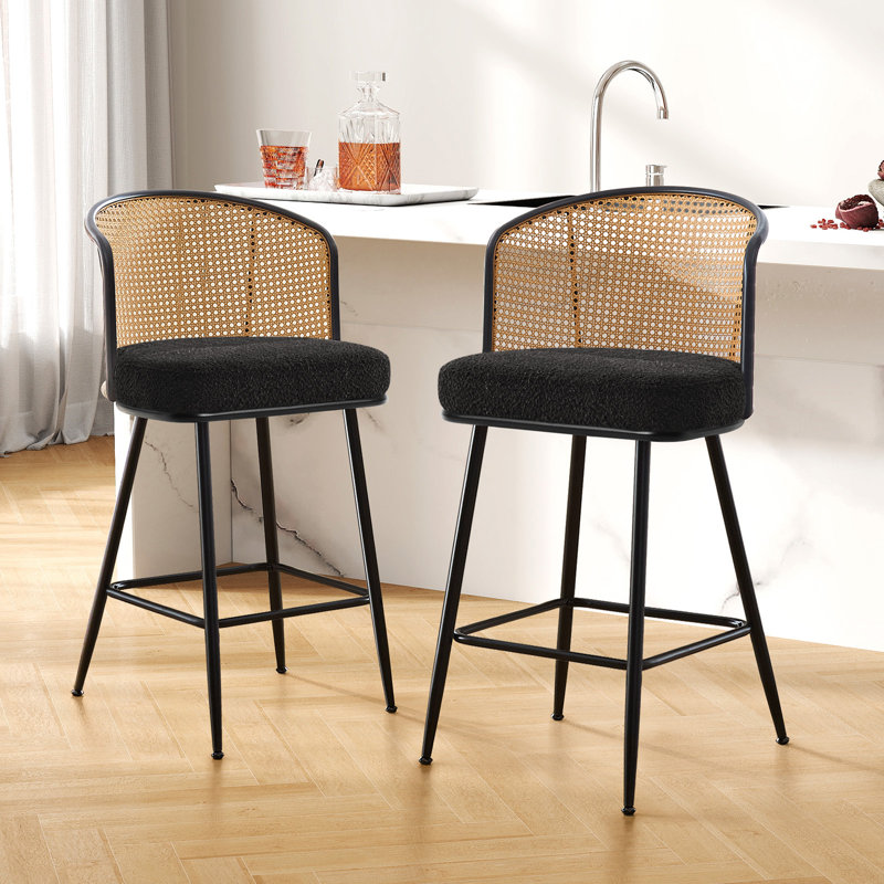 Cane Back Upholstered Counter & Bar Stool, Counter Stool (26" Seat Height), Black, 2