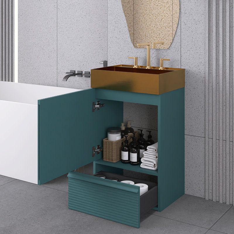 20" Freestanding  Bathroom Vanity In Red With Integrated Brushed Gold 304 Stainless Steel Sink Top, Aquamarine
