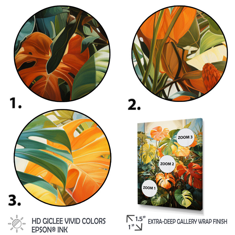 Feuillage tropical orange et vert III, H 20 po x l 12 po x P 1 po, Cadre flottant doré
