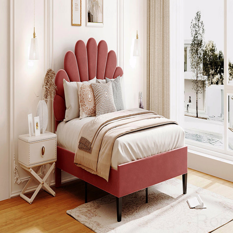 Base de lit plateforme en velours grand, tête de lit à motif floral, Grand lit, Rouge
