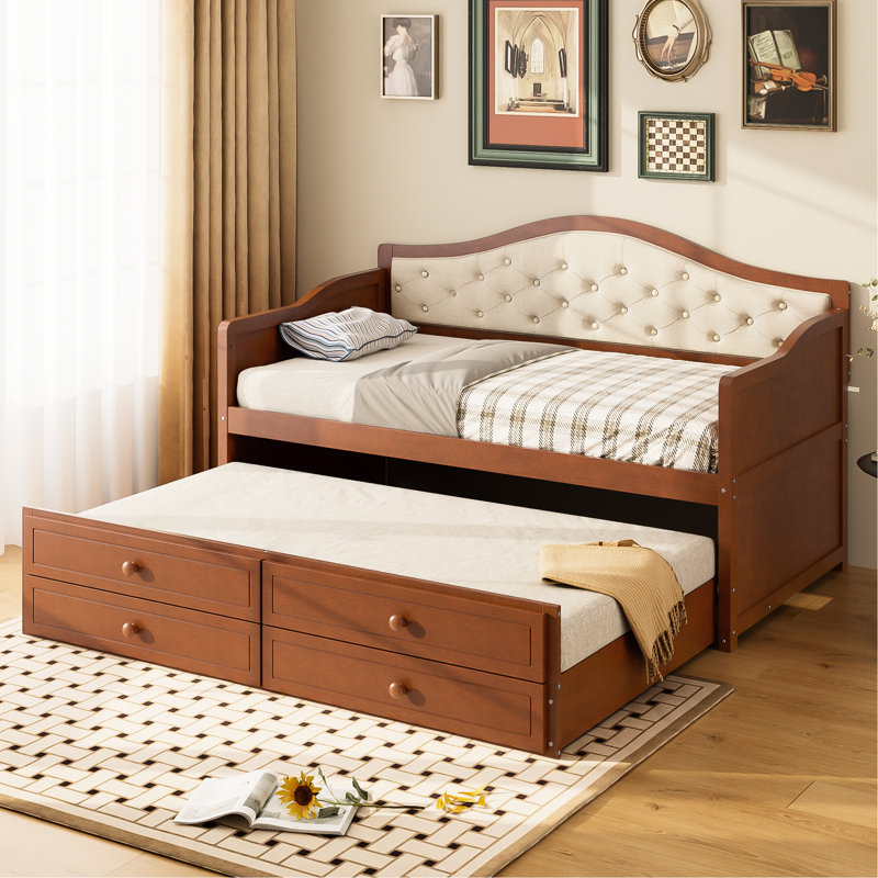 Lit de jour simple avec lit gigogne et 2 espaces de rangement, bouton rembourré - noyer pour les tiroirs de confort, dossier polyvalent teinté
