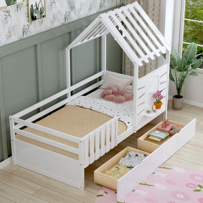 Cadre de lit simple avec 2 tiroirs de rangement Barrières de sécurité, aucun sommier requis, robustes Spacieux, Blanc