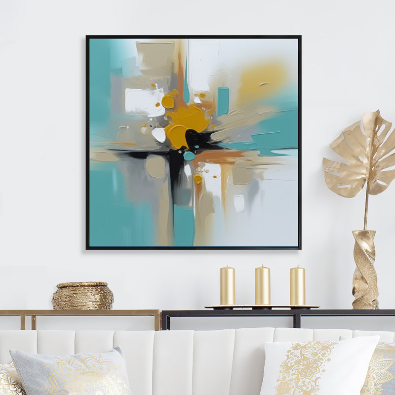 Encre sur toile Lybarger, jaune et turquoise, H 30 po x l 30 po x P 1 po, Cadre flottant noir