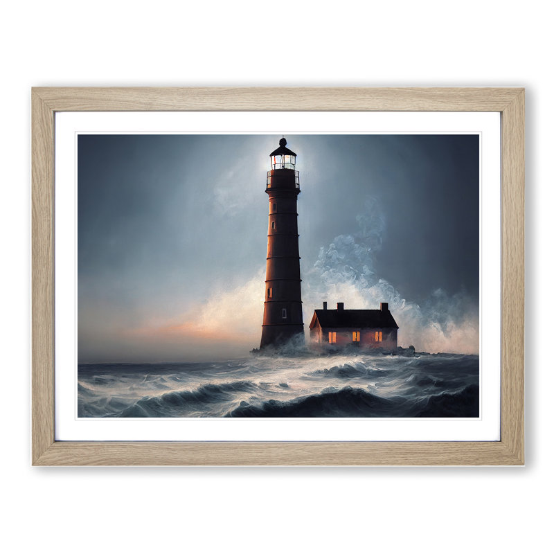 Bright Lighthouse - Single Picture Frame Print, 46cm H x 64cm W x 2cm D, Oak Framed