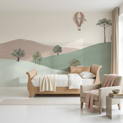 Papier peint montgolfière, fresque murale de montagne et de collines ondulantes