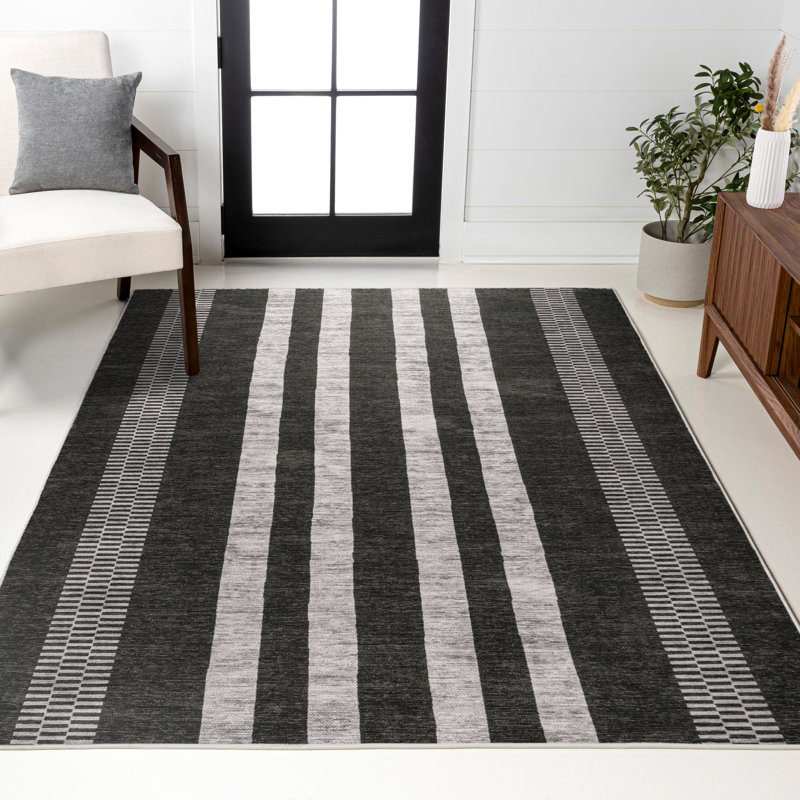 Zipporah Geometric Striped Machine-Washable Black/Ivory Rug, Rectangle 3'11" x 6'