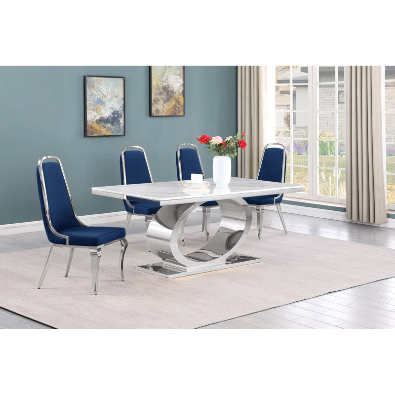 Khiri Marble Top Pedestal Dining Set, Navy/Silver, 5, Silver