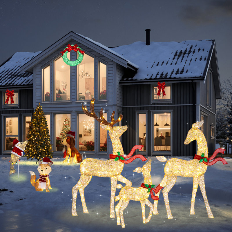 Ensemble de 3 décorations de Noël pour renne 62 pouces avec 200 lumières DEL blanc chaud pour la cour de jardin - Or