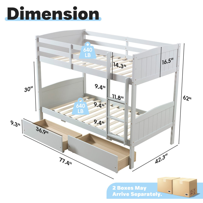 Bilal Twin Over Twin Solid Wood Bunk Bed With Drawers, Gray, Gray