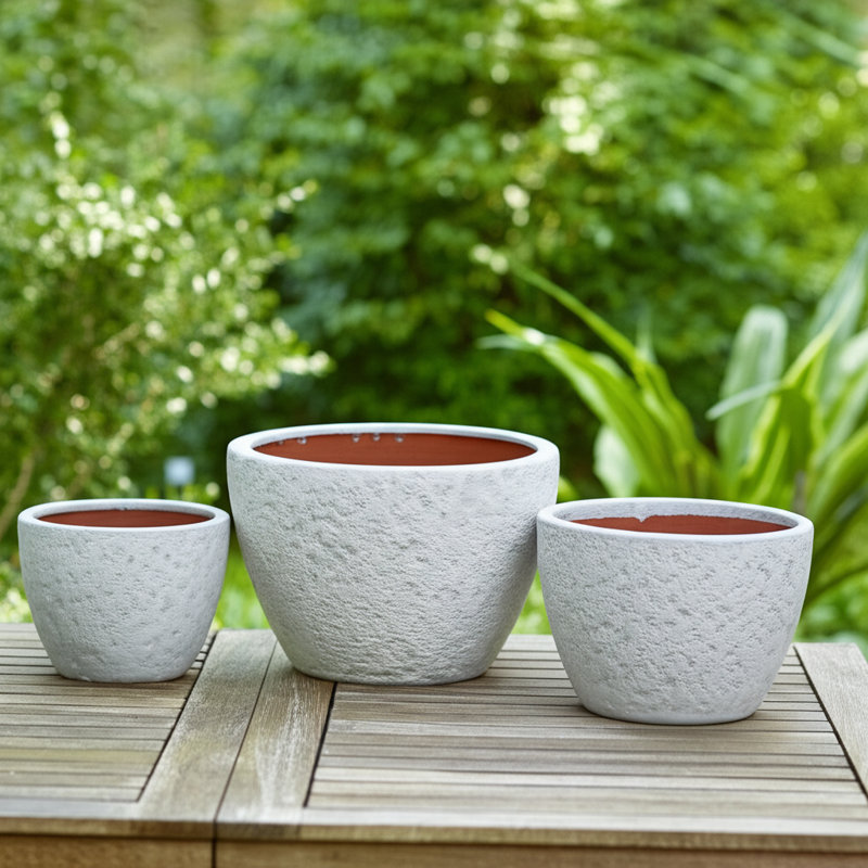Planters Pottery Clay Modern Textured Round Design Decorative Bowl Style Set Of 2, White