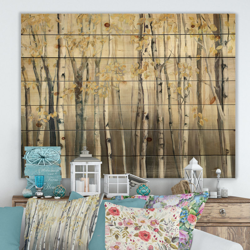 Lasiah Golden Birch Forest I - Impression de paysages sur bois de pin naturel, H 34 po x l 44 po x P 1,5 po