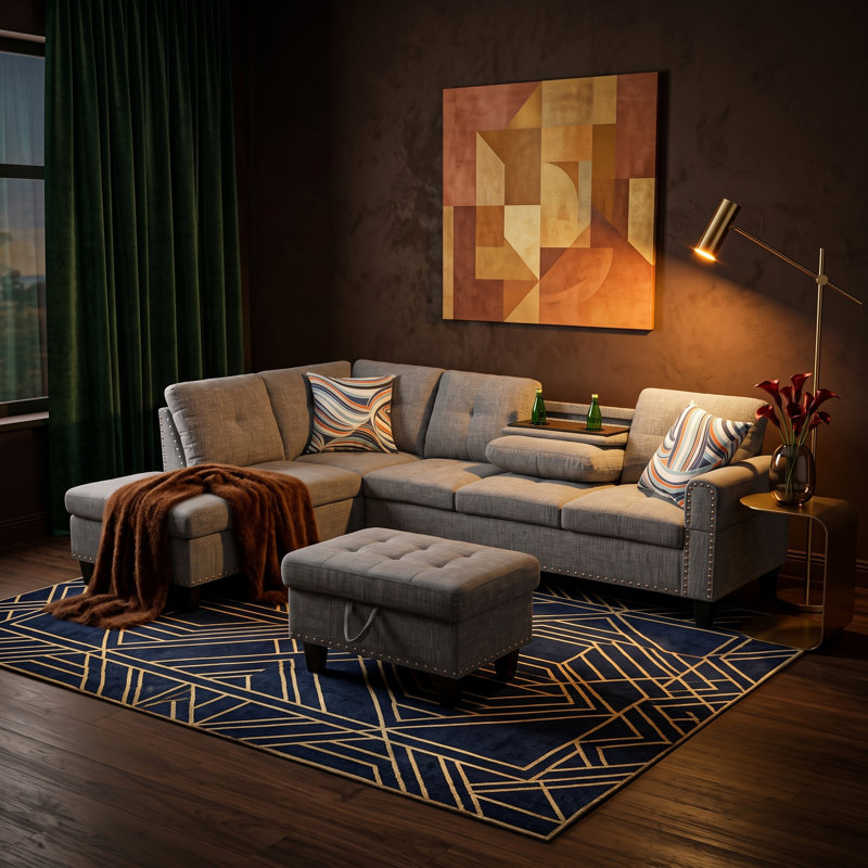 Fabric Sectional with Hidden Table and Storage Ottoman for Small Spaces, Gray, Gray Microfiber, Left Hand Facing