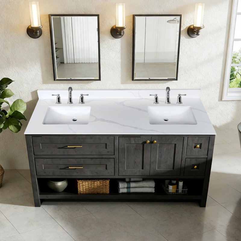 Plan de toilette en quartz blanc de 155 cm pour salle de bain double, 2 lavabos encastrés, dosseret de 10 cm de hauteur, trous pré-percés pour la robinetterie, salle de bain spacieuse résistante aux taches et à la chaleur, idéale pour une salle de bain moderne.