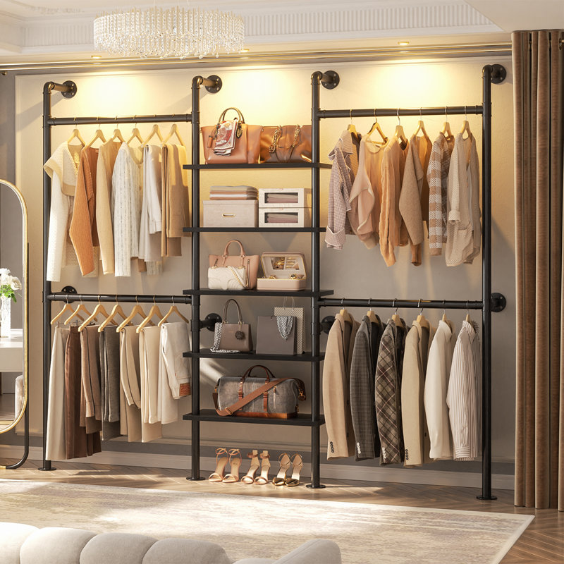 77‘’ Closet System, Industrial Pipe Clothing Rack, Black