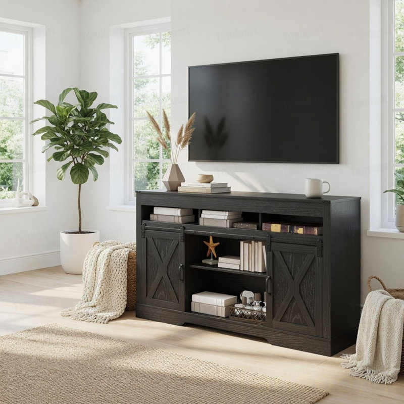 Meuble télé noir pour ferme 65 po avec portes de grange coulissantes et rangement