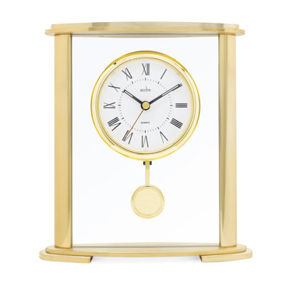 Acctim Welwyn Pendulum Mantel Clock Quartz Polished Metal & Glass Luminous Hands Floating Effect Gold