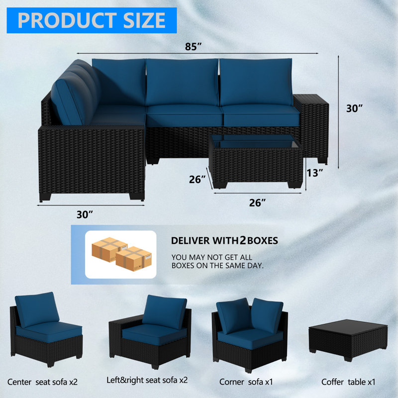 Ensemble de conversation modulaire en rotin de 6 pièces avec accoudoirs larges, Bleu, Black