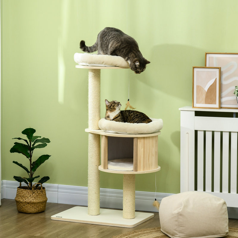 Aire de jeu attrayante pour chat à 3 niveaux, poteaux à griffer, coussins moelleux et aires de jeux. Stable pour chats jusqu'à 9 livres, arbre amusant, coffre-fort sous les livres, amusement