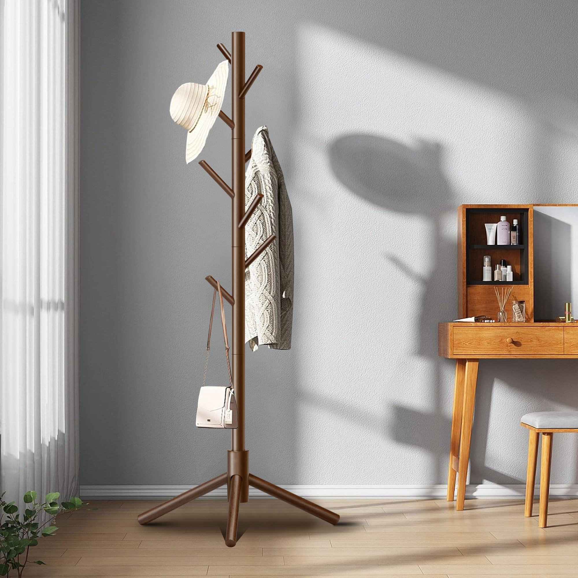 Latitude Run® Wooden Coat Rack, Free Standing Coat Rack With 8 Hooks 3 ...