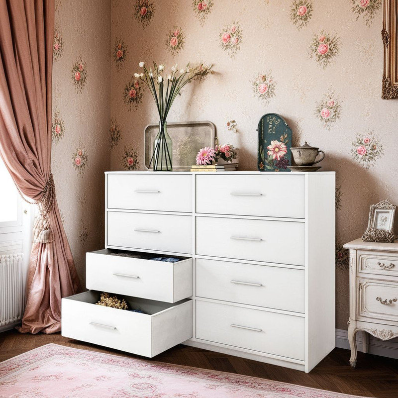 Armoire de rangement moderne à 8 tiroirs, Blanc