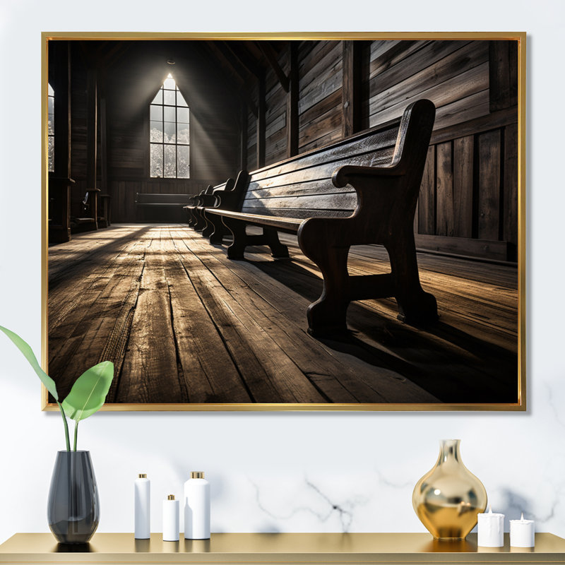 «Church Bench Contemplation», reproduction d'art sur toile, Cadre simple noir, H 34 po x l 44 po x P 1,5 po