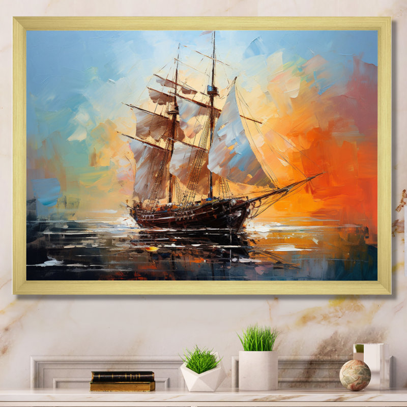 Voilier et mélodie IV sur toile, Cadre doré simple, H 34 po x l 44 po x P 1,5 po