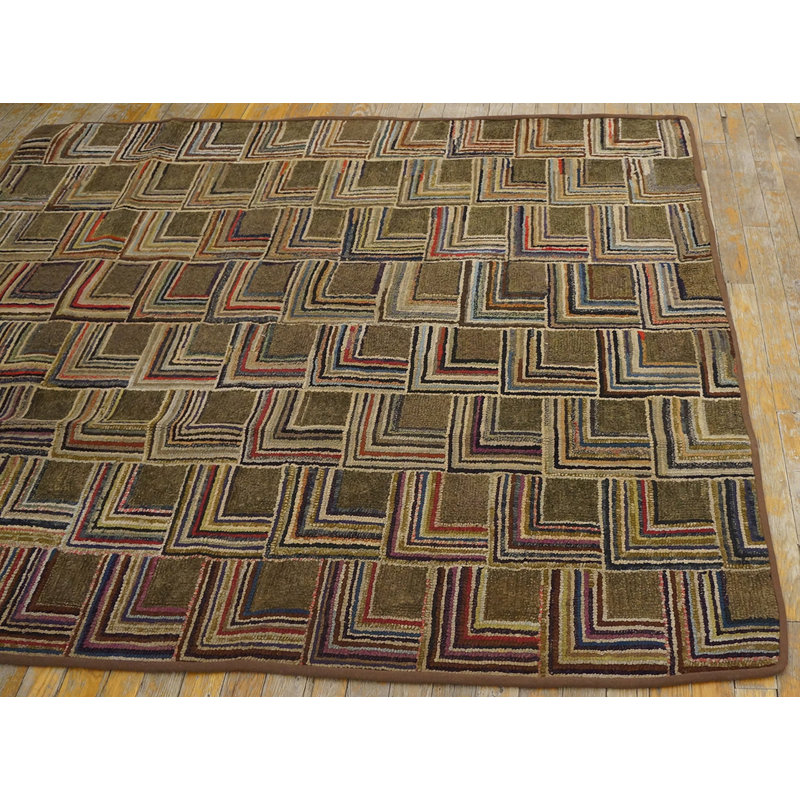 Antique American Folk Art Log Cabin Pattern Hooked Rug