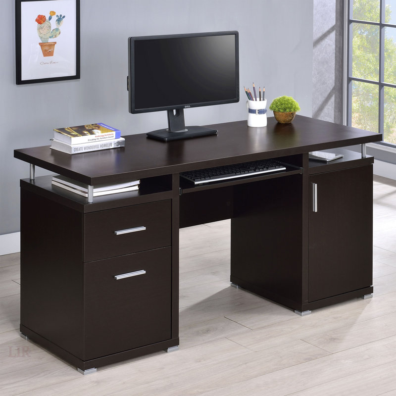 Bureau d'ordinateur à 2 tiroirs Rochelle Cappuccino avec rangement compact et design élégant pour les espaces de travail modernes