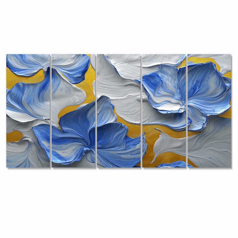 «Ocean Blue Delicate Flower Petals III» - art mural fleurs - ensemble de 5 décorations murales modernes, H 28 po x l 60 po