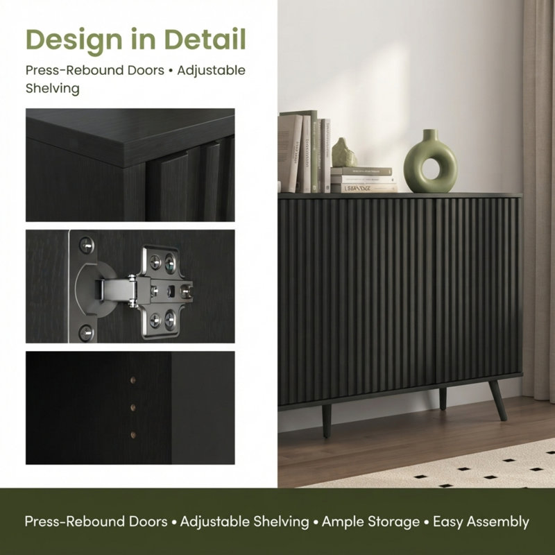 Buffet 59 po avec rangement - noir, Black