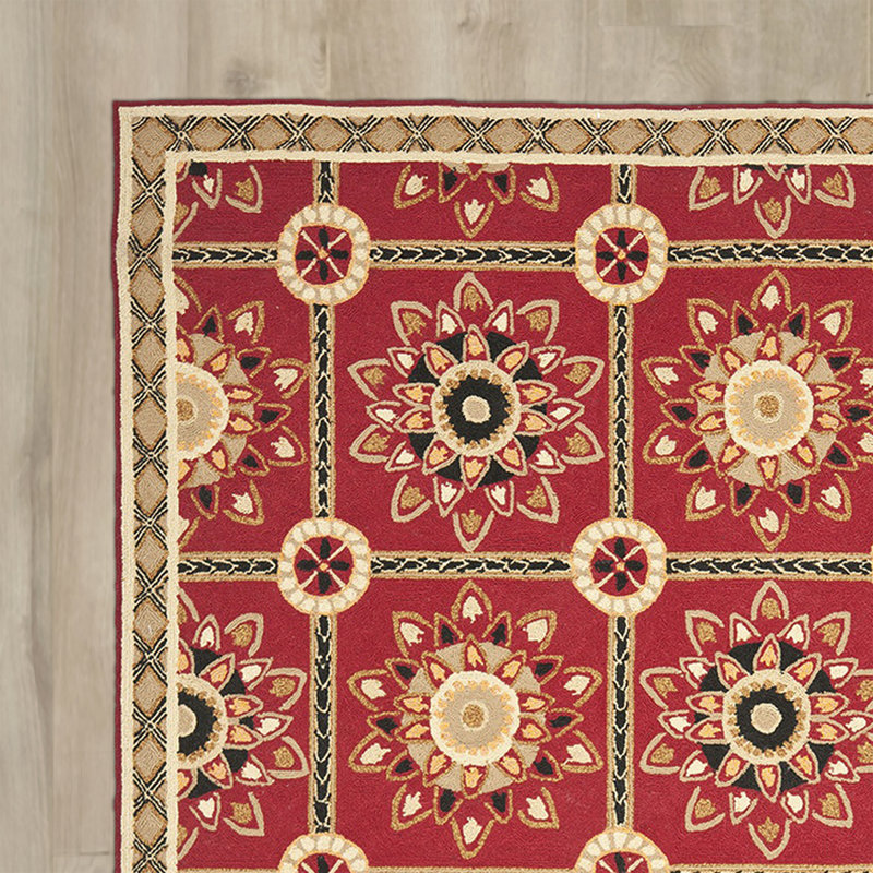 Tapis beige/noir/blanc/rouge noué à la main Noham, Rond 8 pi