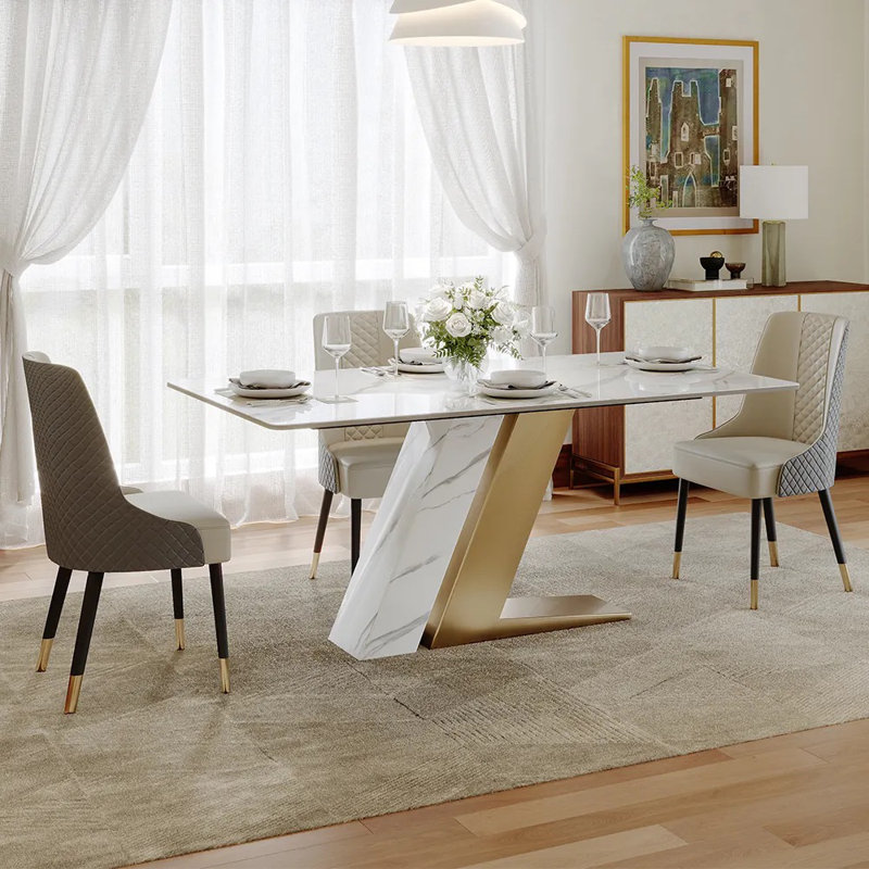  Table de salle à manger Stapp, H 29,53 po x L 62,99 po x l 35,43 po, Doré, Blanc lustré