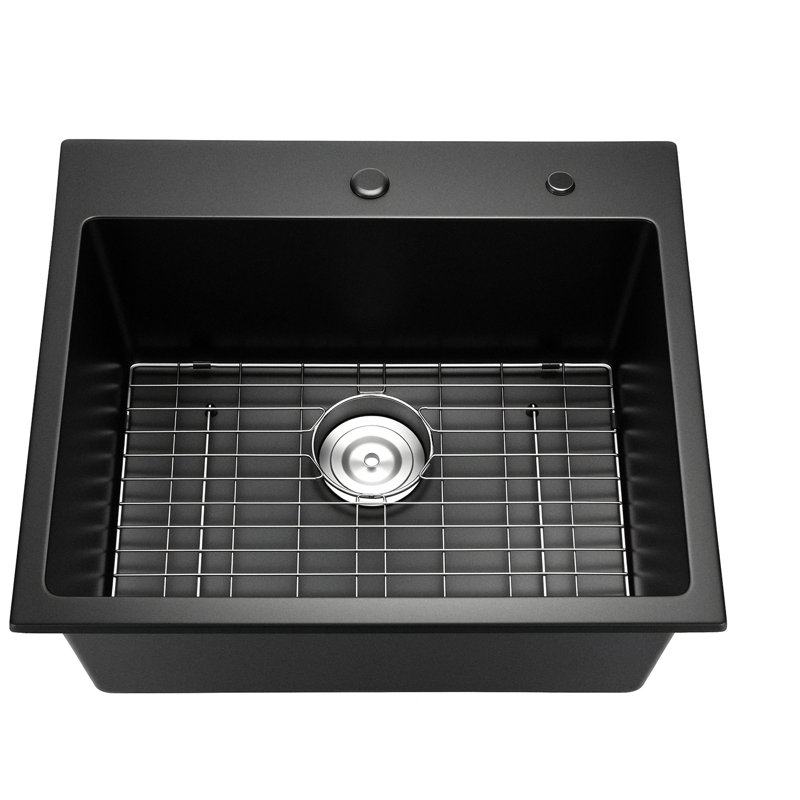 Évier de cuisine en granite à montage sur le dessus de 25 pouces pour comptoirs de bar et de télévision, en composite de quartz noir à haute durabilité, surface à égratignure, bouchon de kit de drain fourni, s'adapte aux plaques de cuisson pour casseroles