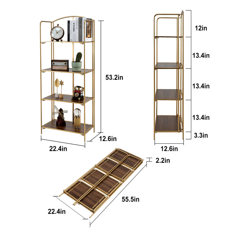 Bibliothèque étagère pliante sans assemblage Lejon, (4 tablettes) H 53,2 po x l 22,4 po x P 12,6 po, Or