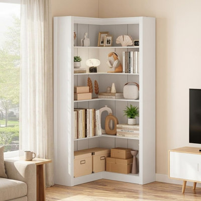 White Corner Bookshelf 71.8 in l-Shaped Display Shelf, Large Conner Bookcase with Anti-Tipping Kit, 5 Tier l Shape Bookshelf for Living Room Home Office