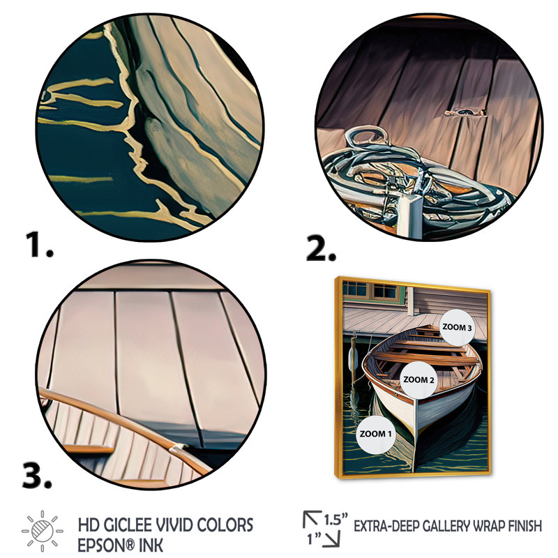 Docked Boat I - reproduction sur toile, H 40 po x l 30 po x P 1,5 po, Toile avec cadre flottant or