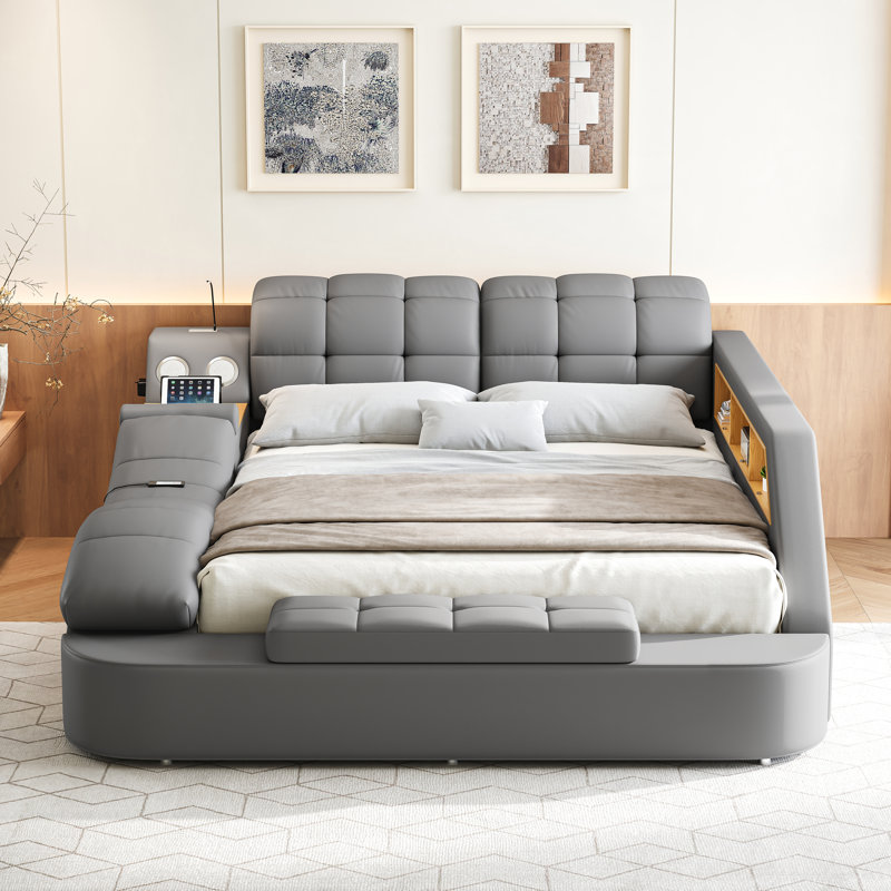 Multi-Functional Bed, Solid Wood Frame and Faux Leather Upholstery, Remote-Controlled Massage Recliner on the Left, Modern LED Lights, Bluetooth Speakers, USB Charging Ports, Adjustable Backrest