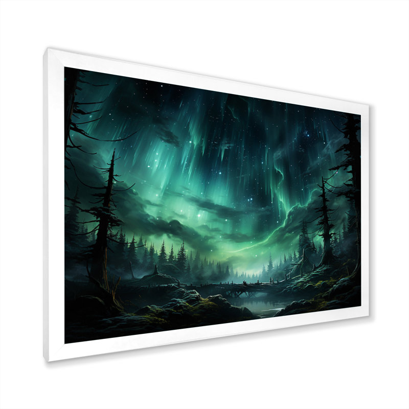Northern Lights Starry Night I - Landscapes Wall Art Prints, H 16 po x l 32 po x P 1 po, Cadre simple blanc