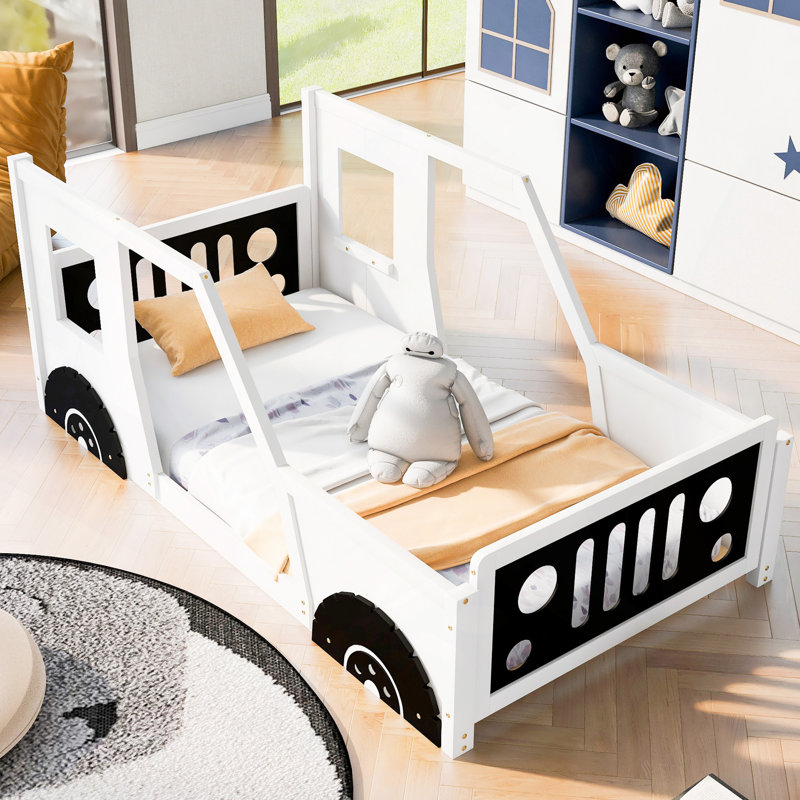Lit plateforme classique avec roulettes en forme de voiture, Blanc
