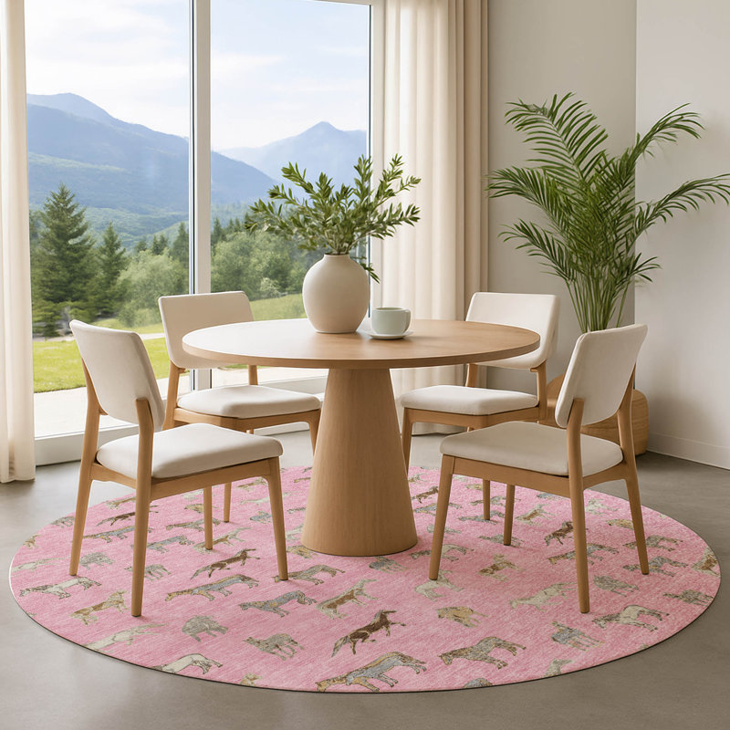Tapis à imprimé animal de qualité supérieure lavable à la machine Prisco, Rosé, Rond 8 pi