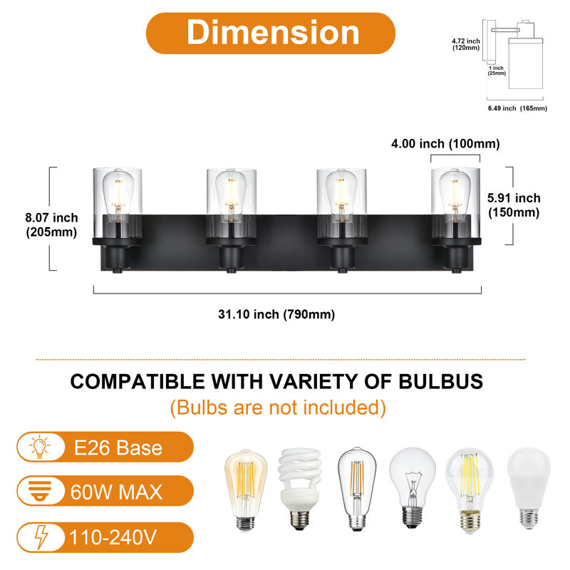  Matte Black Wall Sconces For Bathroom, Modern Vanity Light Fixtures Over Mirror, Bathroom Light Fixtures With Clear Glass Shade, E26 Wall Sconces For Living Room, Hallway