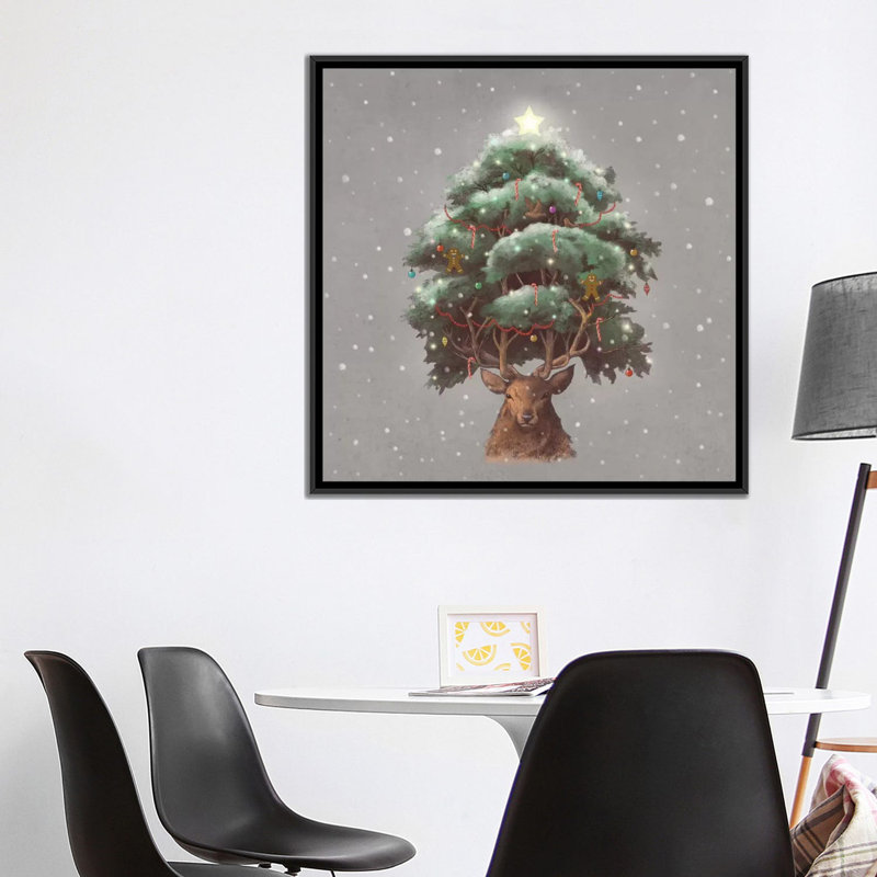 «Reindeer Tree», art sur toile, Toile avec cadre noir, Pas de tapis, H 37 po x l 37 po x P 1,5 po