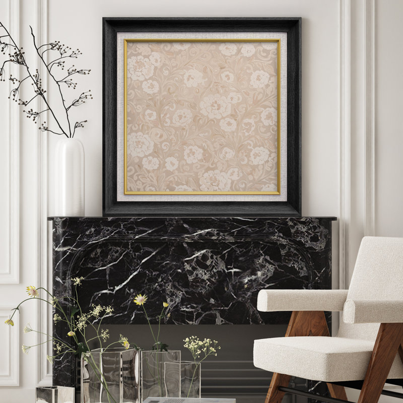 Élégant motif floral damassé beige - impression d'art encadrée sur papier, Cadre noir de qualité supérieure
