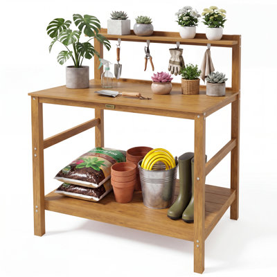 Outdoor Garden Potting Bench With 4 Hooks & Wide Tabletop HIPS Potting Table With Storage - 3-Tier Weather Resistant Potting Benches For Outside With 420Lbs Capacity For Patio & Backyard Gardening Easy To Clean（Teak）